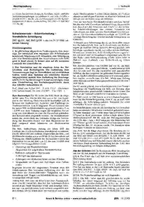 Vorschauseite 1: Schadensersatz - Asbestbelastung -Vorsätzliche Schädigung ZPO §§256, 286; RVO §636 in der bis 31.12.1996 geltenden Fassung