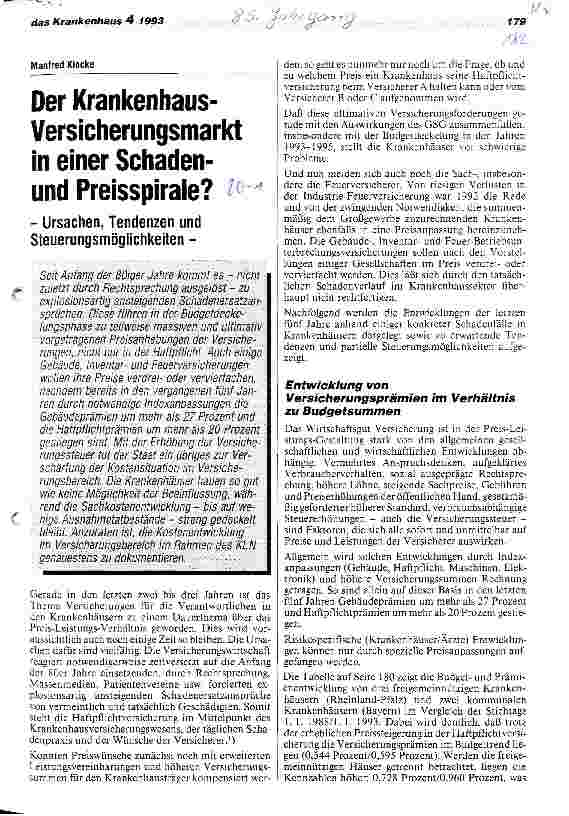 Vorschauseite 1: Der Krankenhaus-Versicherungsmarkt in einer Schadenu. Preisspirale? Ursachen, Tendenzen und Steuerungsmöglichkeiten