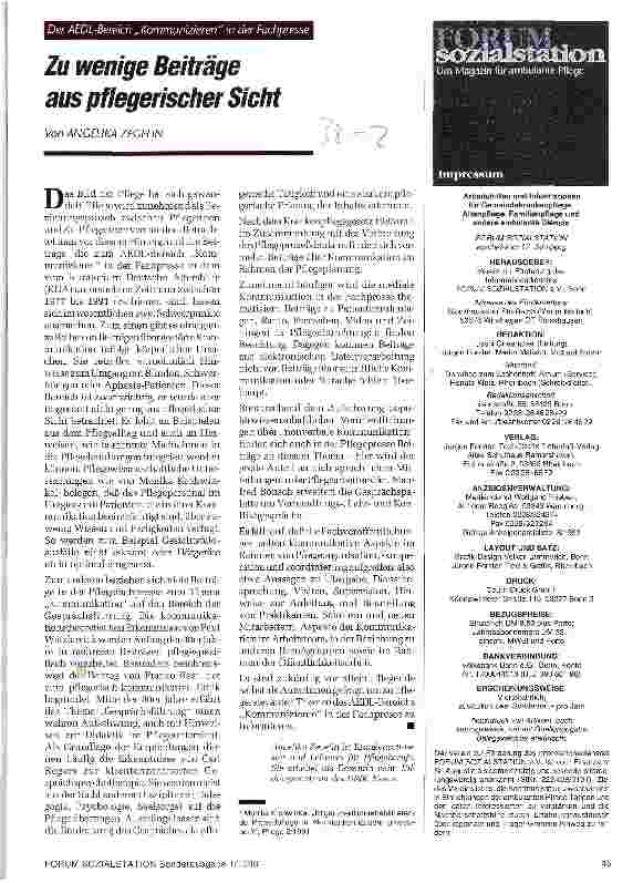 Vorschauseite 1: Zu wenige Beiträge aus pflegerischer Sicht Der AEDL-Bereich Kommunizieren in der Fachpresse