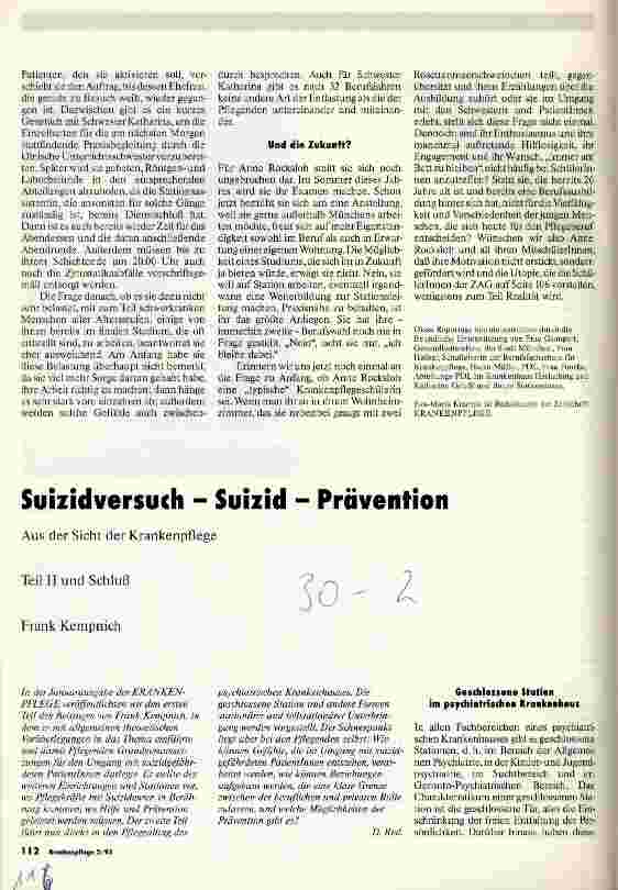 Vorschauseite 1: Suizidversuch - Suizid - Prävention Aus der Sicht der Krankenpflege - Teil II und Schluß
