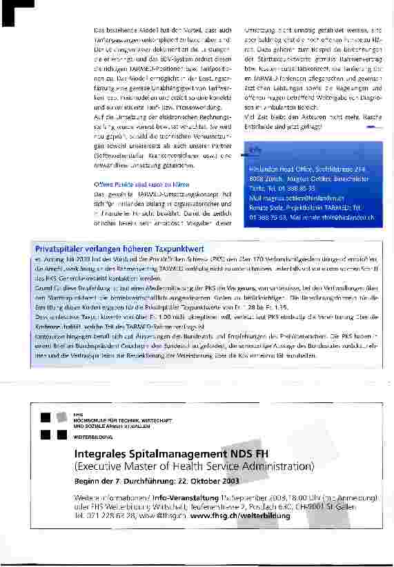 Vorschauseite 2: TARMED-Umsetzung in der Privatklinikgruppe