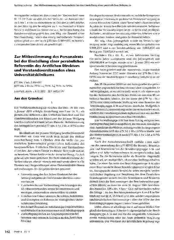 Vorschauseite 1: Zur Mitbestimmung des Personalrats bei der Einstellung einer persönlichen Referentin des Ärztlichen Direktors und Vorstandsvorsitzenden eines Universitätsklinikums