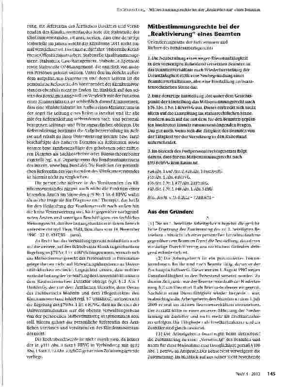 Vorschauseite 4: Zur Mitbestimmung des Personalrats bei der Einstellung einer persönlichen Referentin des Ärztlichen Direktors und Vorstandsvorsitzenden eines Universitätsklinikums