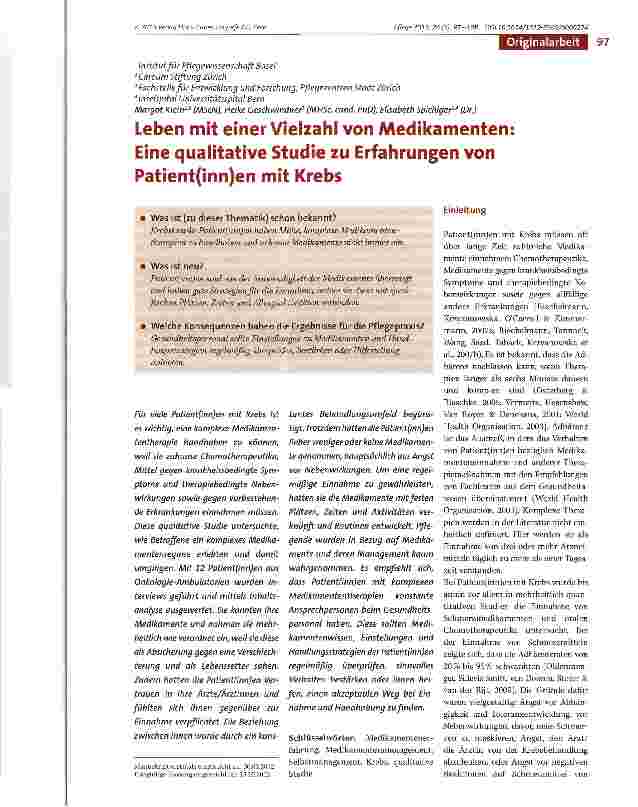 Vorschauseite 1: Leben mit einer Vielzahl von Medikamenten: Eine qualitative Studie zu Erfahrungen von Patient(inn)en mit Krebs