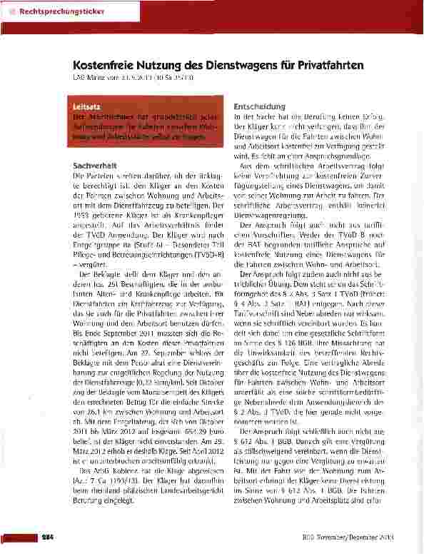 Vorschauseite 1: Kostenfreie Nutzung des Dienstwagens für Privatfahrten LAG Mainz vom 23. 5. 2013 (10 Sa 25/13)