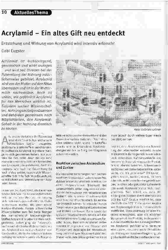 Vorschauseite 1: Acrylamid - Ein altes Gift neu entdecktEntstehung und Wirkung von Acrylamid wird intensiv erforscht