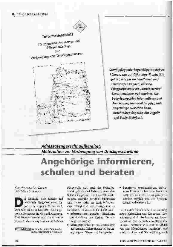 Vorschauseite 1: Angehörige informieren, schulen und beraten Adressatengerecht aufbereitet: Materialien zur Vorbeugung von Druckgeschwüren