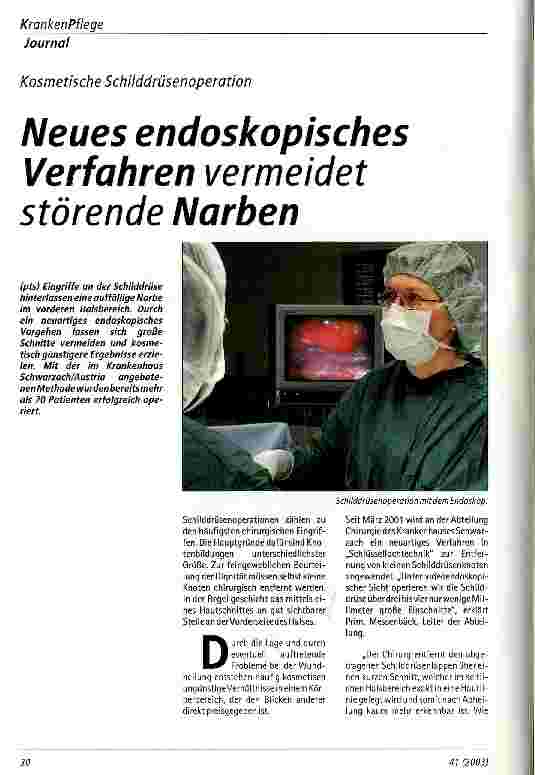 Vorschauseite 1: Neues endoskopisches Verfahren vermeidet störende Narben Kosmetische Schilddrüsenoperation
