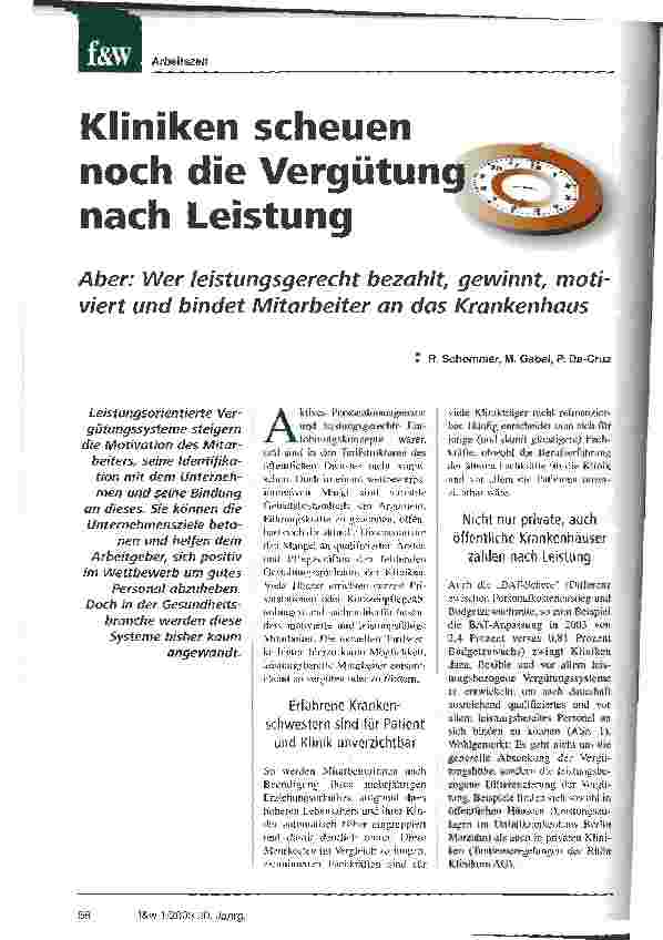 Vorschauseite 1: Kliniken scheuen noch die Vergütung nach Leistung Aber: Wer leistungsgerecht bezahlt, gewinnt, motiviert und bindet Mitarbeiter an das Krankenhaus