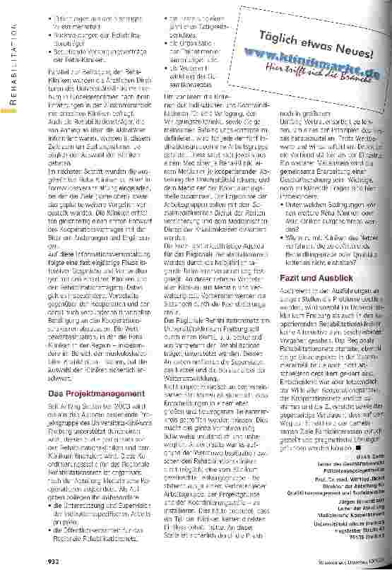 Vorschauseite 3: Partner sorgfältig ausgewählt Das Regionale Rehabilitationsnetz am Universitätsklinikum Freiburg