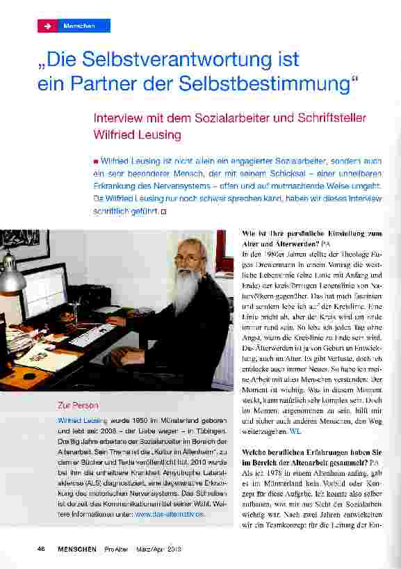 Vorschauseite 1: „Die Selbstverantwortung ist ein Partner der Selbstbestimmung Interview mit dem Sozialarbeiter und Schriftsteller Wilfried Leusing