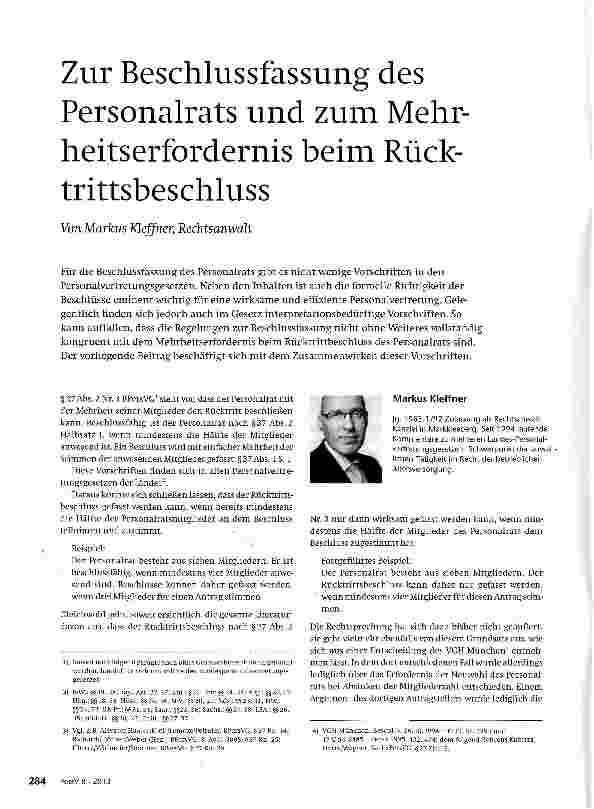 Vorschauseite 1: Zur Beschlussfassung des Personalrats und zum Mehrheitserfordernis beim Rück-trittsbeschluss