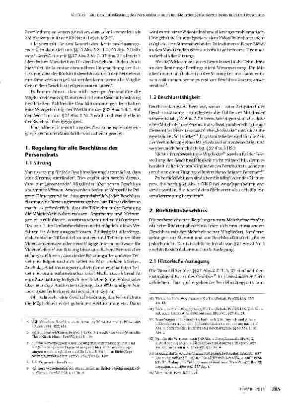 Vorschauseite 2: Zur Beschlussfassung des Personalrats und zum Mehrheitserfordernis beim Rück-trittsbeschluss