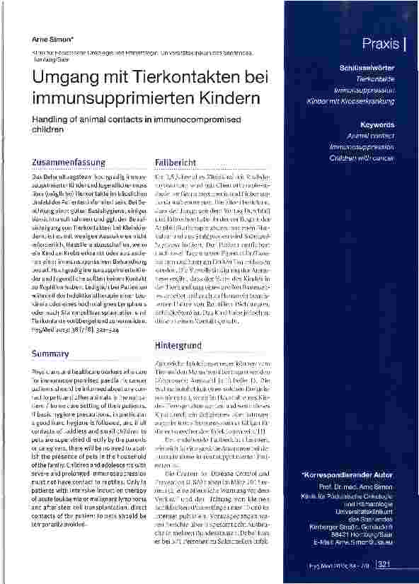 Vorschauseite 1: Umgang mit Tierkontakten bei immunsupprimierten Kindern