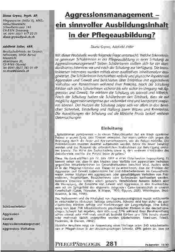 Vorschauseite 1: Aggressionsmanagement - ein sinnvoller Ausbildungsinhalt in der Pflegeausbildung?