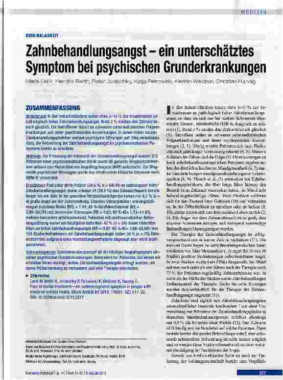Vorschauseite 1: Zahnbehandlungsangst - ein überschätztes Symptom bei psychischen Grunderkrankungen
