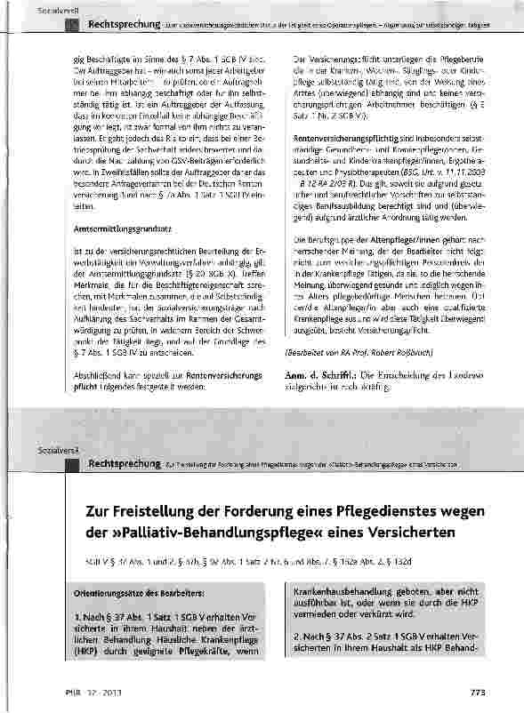 Vorschauseite 1: Zur Freistellung der Forderung eines Pflegedienstes wegen der »Palliativ-Behandlungspflege« eines Versicherten