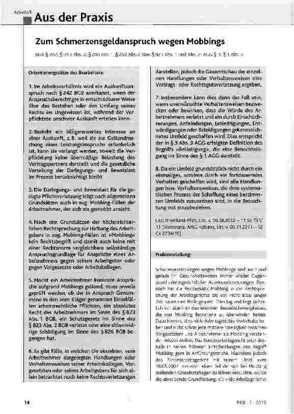 Vorschauseite 1: Zum Schmerzensgeldanspruch wegen Mobbings BGB § 242, § 253 Abs. 2, § 280 Abs. 1, § 253 Abs. 2 bzw. § 823 Abs. 1 und Abs. 2; AGG § 1, § 3 Abs. 3