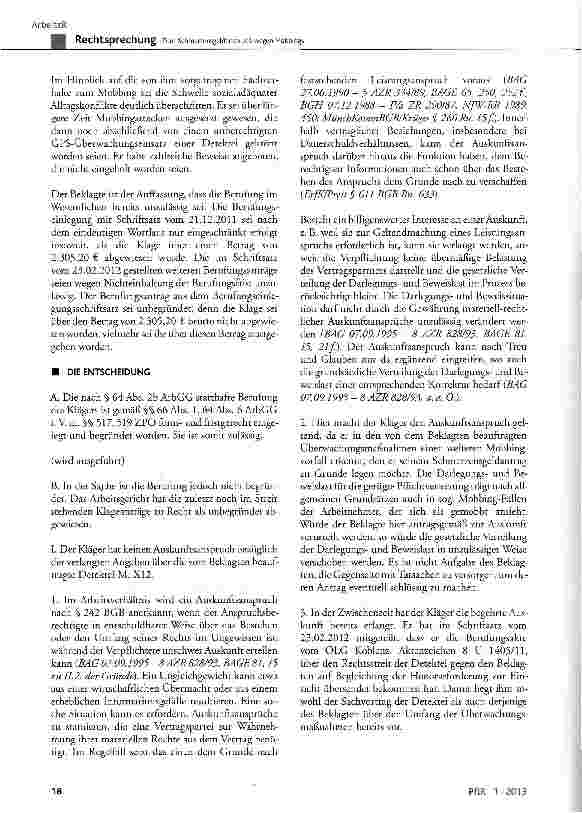 Vorschauseite 5: Zum Schmerzensgeldanspruch wegen Mobbings BGB § 242, § 253 Abs. 2, § 280 Abs. 1, § 253 Abs. 2 bzw. § 823 Abs. 1 und Abs. 2; AGG § 1, § 3 Abs. 3