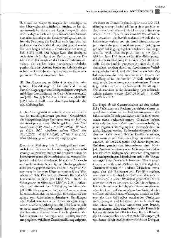 Vorschauseite 6: Zum Schmerzensgeldanspruch wegen Mobbings BGB § 242, § 253 Abs. 2, § 280 Abs. 1, § 253 Abs. 2 bzw. § 823 Abs. 1 und Abs. 2; AGG § 1, § 3 Abs. 3