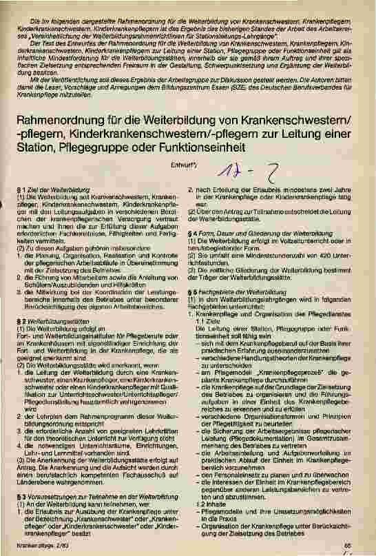Vorschauseite 1: Rahmenordnung für die Weiterbildung von Krankenschwestern/-pflegern Kinderkrankenschwestern/-pflegern zur Leitung einer Station