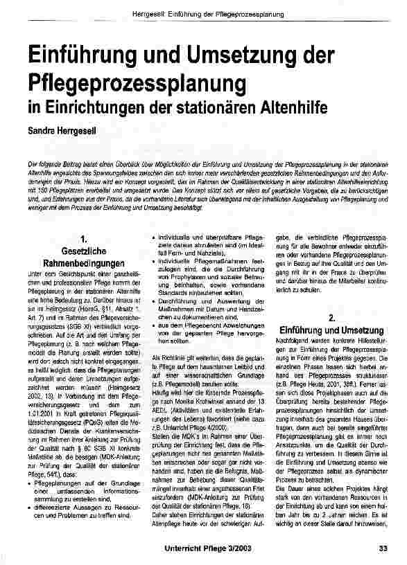 Vorschauseite 1: Einführung und Umsetzung der Pflegeprozessplanung in Einrichtungen der stationären Altenhilfe