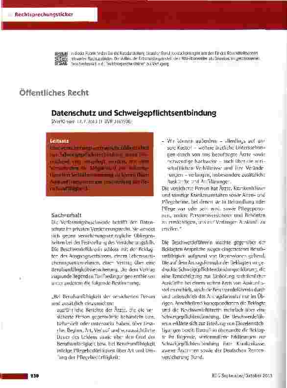 Vorschauseite 1: Datenschutz und Schweigepflichtsentbindung BVerfGvom 17.7.2013(1 BVR 3167/08)