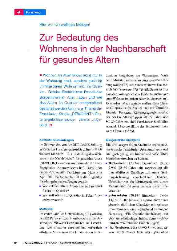 Vorschauseite 1: Zur Bedeutung des Wohnens in der Nachbarschaft für gesundes Altern