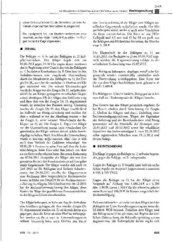 Vorschauseite 2: Zur Obhutspflicht eines Krankenhausbetreibers über Wertsachen von Patienten BGB §254 Abs. 2 Satz 1 Fall 1, § 280 Abs. 1, § 688, 690; VVG § 110, § 115