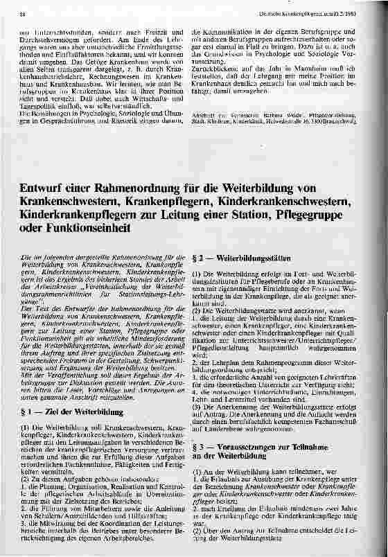 Vorschauseite 1: Entwurf einer Rahmenordnung für die Weiterbildung von Krankenschwestern Kinderkrankenpflegern zur Leitung einer Station, Pflegegruppe.