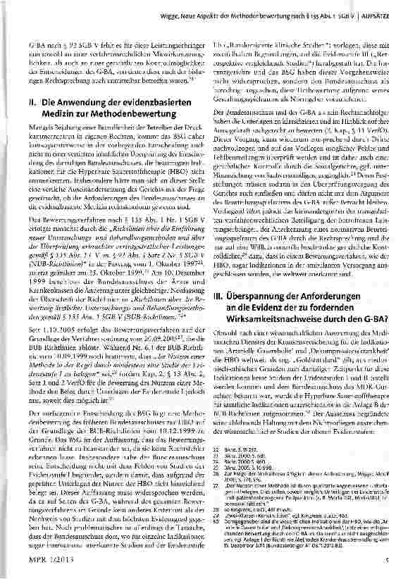 Vorschauseite 5: Neue Aspekte der Methodenbewertung nach § 135 Abs. 1 SGB V - am Beispiel der hyperbaren Sauerstofftherapie (HBO) Anmerkung zu B5G, Urteil vom 21. 03. 2012 - B 6 KA16/11 R