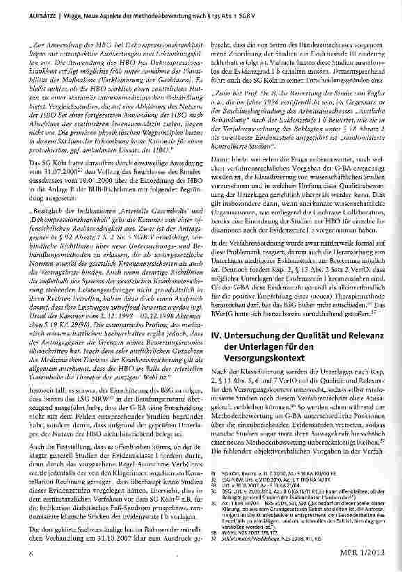 Vorschauseite 6: Neue Aspekte der Methodenbewertung nach § 135 Abs. 1 SGB V - am Beispiel der hyperbaren Sauerstofftherapie (HBO) Anmerkung zu B5G, Urteil vom 21. 03. 2012 - B 6 KA16/11 R