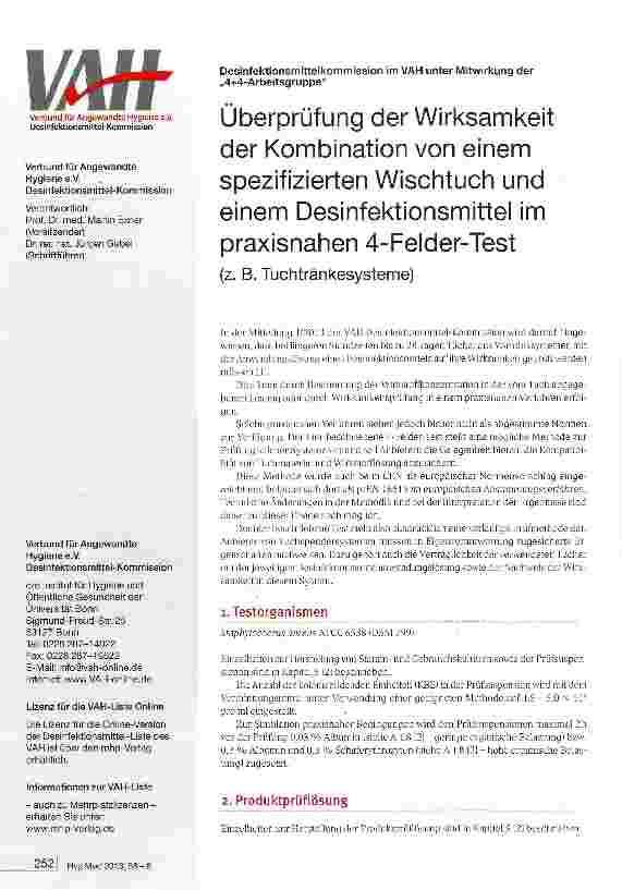 Vorschauseite 1: Überprüfung der Wirksamkeit der Kombination von einem spezifizierten Wischtuch und einem Desinfektionsmittel im praxisnahen 4-Felder-Test
