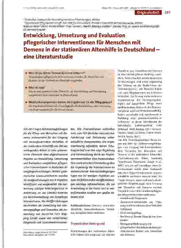 Vorschauseite 1: Entwicklung, Umsetzung und Evaluation pflegerischer Interventionen für Menschen mit Demenz in der stationären Altenhilfe in Deutschland -eine Literaturstudie