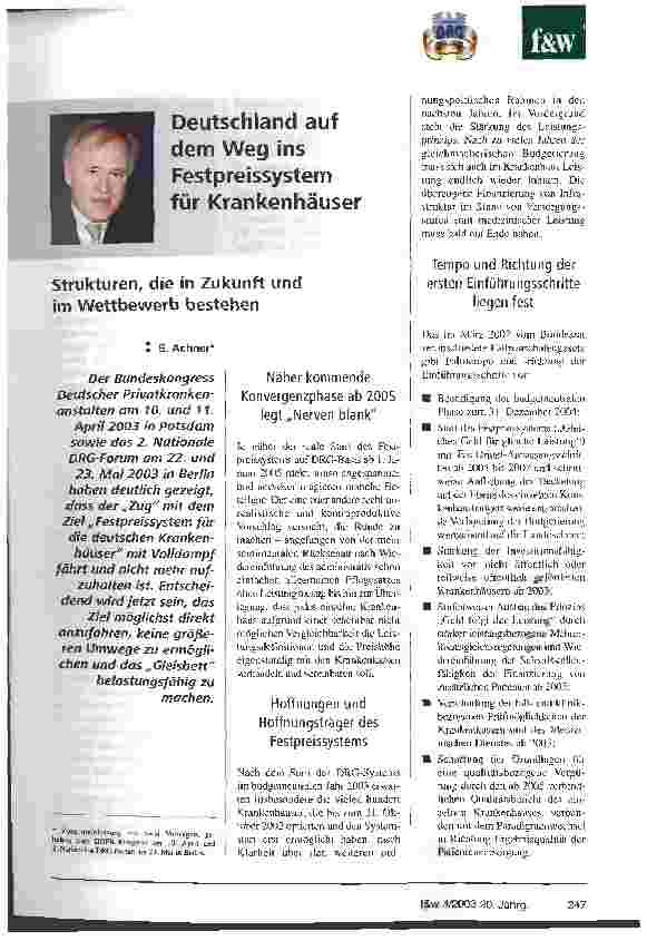 Vorschauseite 1: Deuschland auf dem Weg ins Festpreissystem für Krankenhäuser Strukturen, die in Zukunft und im Wettbewerb bestehen