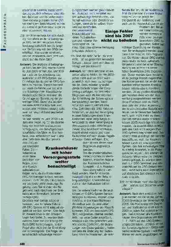 Vorschauseite 3: DRGs: Gefahr durch gravierende Systemfehler Immer mehr Zweifel an der Einhaltung des Zeitplans