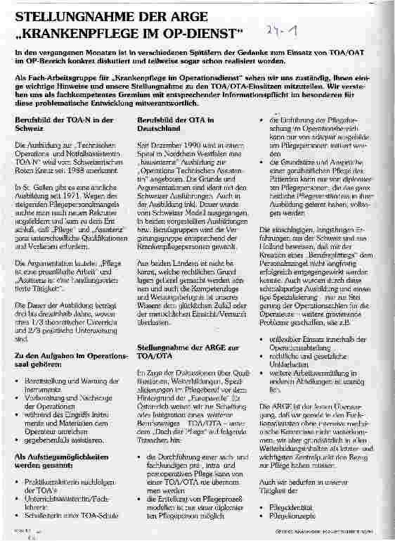 Vorschauseite 1: Stellungnahme der ARGE Krankenpflege im OP-Dienst Hinweise und Stellungnahmen zu TOA/OTA-Einsätzen