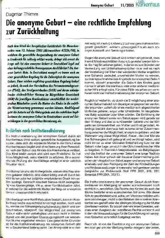 Vorschauseite 1: Die anonyme Geburt - eine rechtliche Empfehlung zur Zurückhaltung