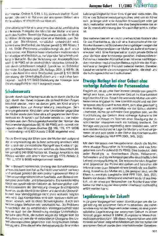 Vorschauseite 3: Die anonyme Geburt - eine rechtliche Empfehlung zur Zurückhaltung