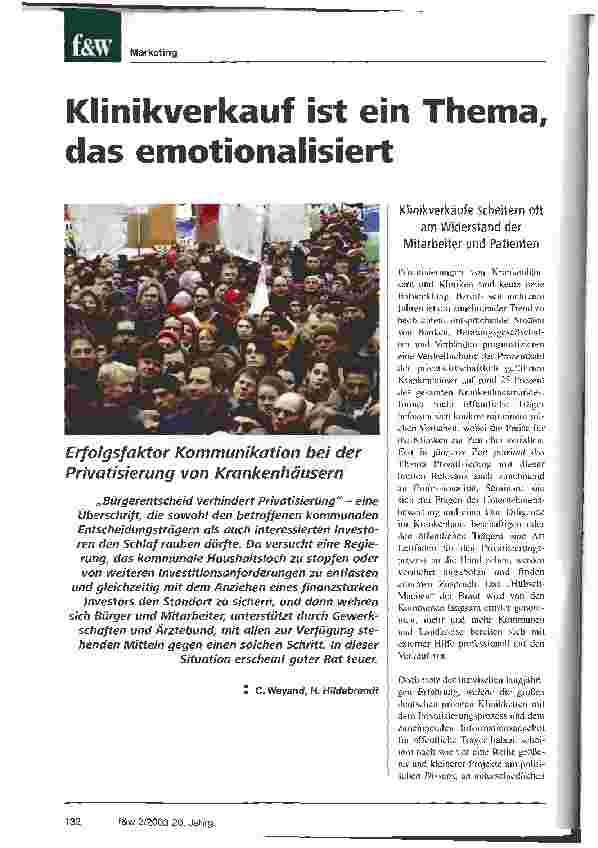 Vorschauseite 1: Klinikverkauf ist ein Thema, das emotionalisiert Erfolgsfaktor Kommunikation bei der Privatisierung von Krankenhäusern
