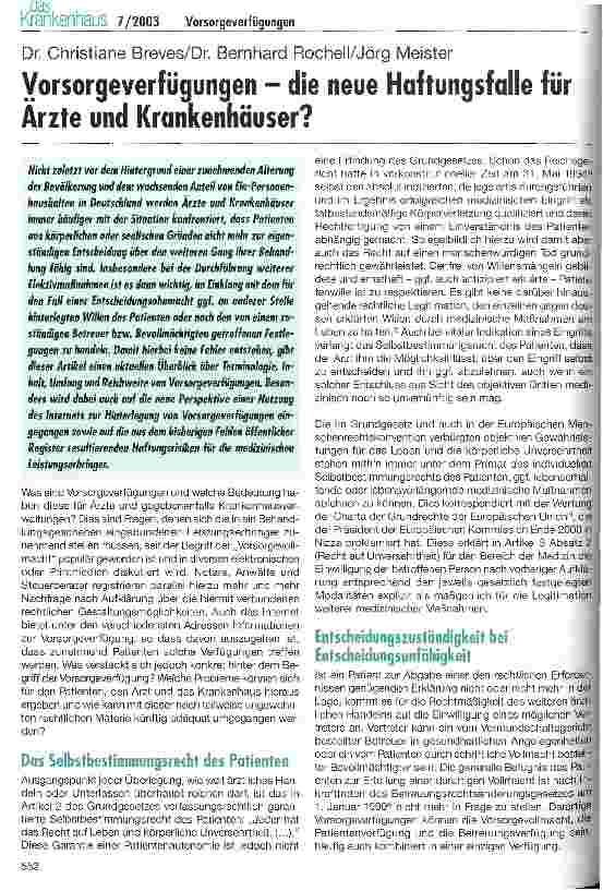 Vorschauseite 1: Vorsorgeverfügung - die neue Haftungsfalle für Ärzte und Krankenhäuser?