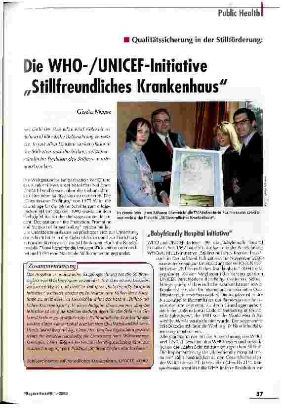 Vorschauseite 1: Die WHO-/Unicef-Initiative Stillfreundliches Krankenhaus Qualitätssicherung in der Stillförderung