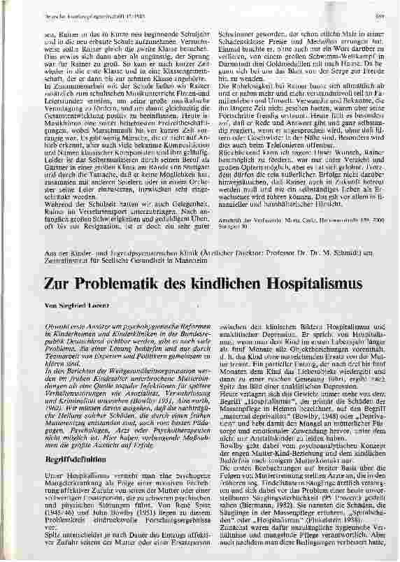 Vorschauseite 1: Zur Problematik des kindlichen Hospitalismus
