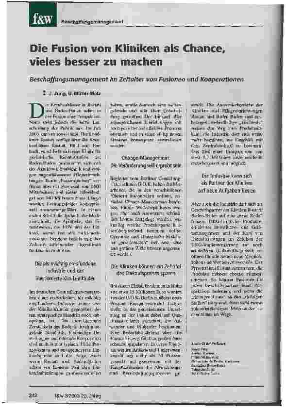 Vorschauseite 1: Die Fusion von Kliniken als Chance, vieles besser zu machen Beschaffungsmanagement im Zeitalter von Fusionen und Kooperationen