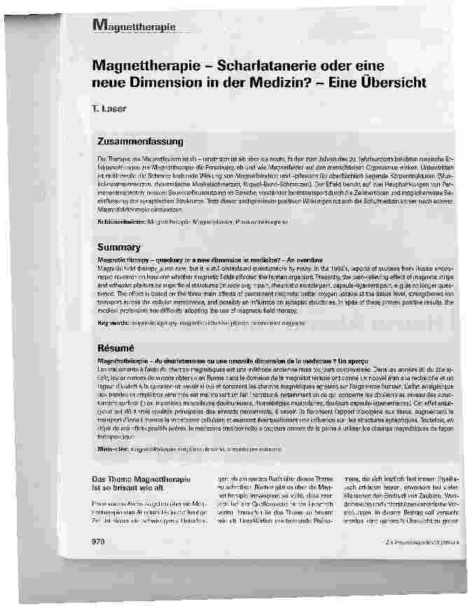 Vorschauseite 1: Magnettherapie - Scharlatanerie oder eine neue Dimension in der Medizin? - Eine Übersicht
