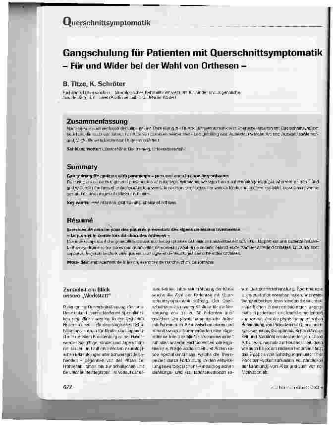 Vorschauseite 1: Gangschulung für Patienten mit Querschnittsymptomatik - Für und Wider bei der Wahl von Orthesen -