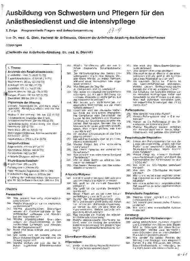 Vorschauseite 1: Ausbildung von Schwestern und Pflegern für den Anästhesiedienst und d. Intensivpflege/7. Folge: Programmierte Fragenund Antwortensammlung