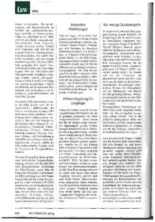 Vorschauseite 3: Erster deutscher DRG-Fallpauschalen-Katalog gravierend verbessert Referentenentwurf einer Verordnung zum Fallpauschalengesetz für Krankenhäuser (KFPV) vom 2. September 2003