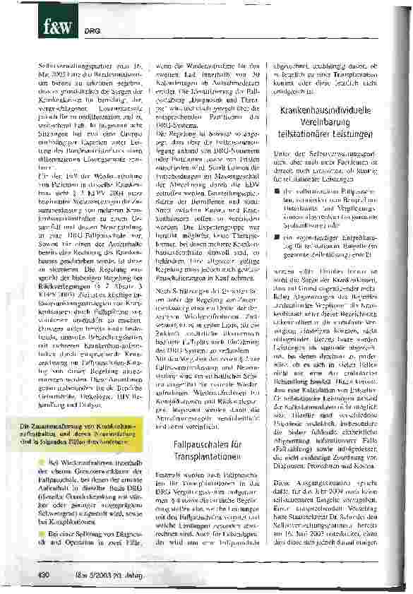 Vorschauseite 5: Erster deutscher DRG-Fallpauschalen-Katalog gravierend verbessert Referentenentwurf einer Verordnung zum Fallpauschalengesetz für Krankenhäuser (KFPV) vom 2. September 2003