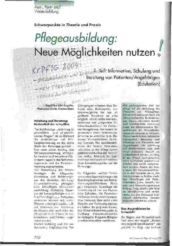 Vorschauseite 1: Pflegeausbildung: Neue Möglichkeiten nutzen! 1. Teil: Information, Schulung und Beratung von Patienten/Angehörigen (Edukation)